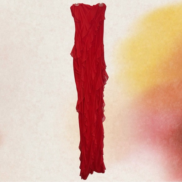 Oh Polly NEVALI Bandeau Ruffle Detail Maxi Dress in Red - Picture 4 of 4